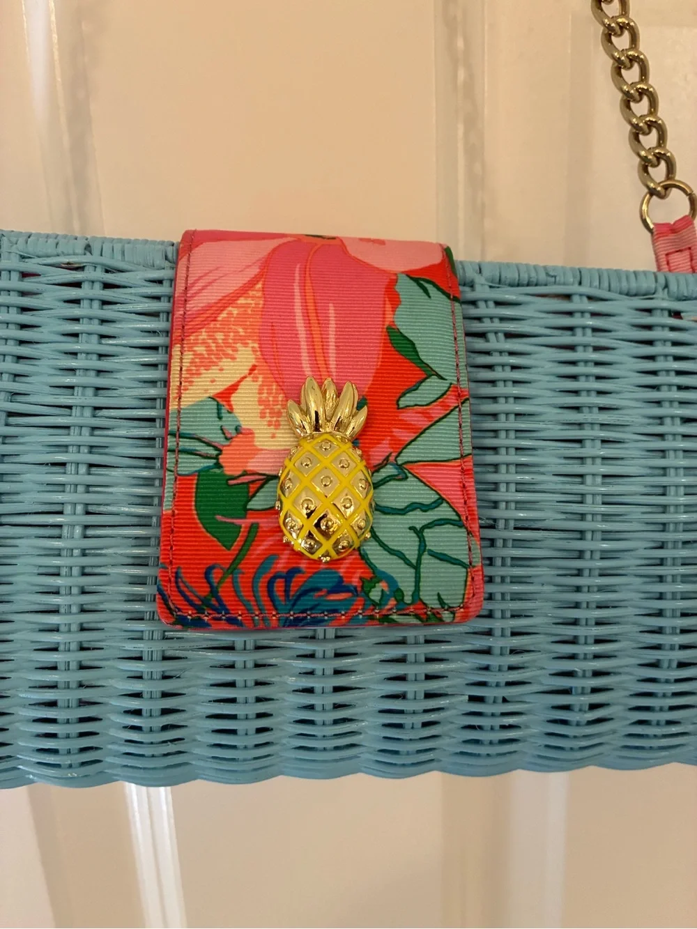 Talbots Turquoise Woven Clutch with Floral Pineapple Tab